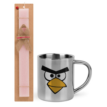 Angry birds eyes, Πασχαλινό Σετ, μεταλλική κούπα θερμό (300ml) & πασχαλινή λαμπάδα αρωματική πλακέ (30cm) (ΡΟΖ)