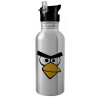 Water bottle Silver with straw, stainless steel 600ml