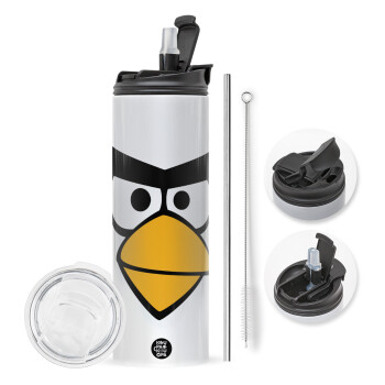 Angry birds eyes, Travel Tumbler θερμό με διπλό καπάκι, μεταλλικό καλαμάκι και βούρτσα καθαρισμού (Ανωξείδωτο 304 Food grade, BPA free, 600ml)