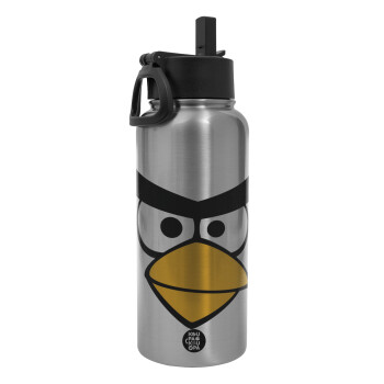 Angry birds eyes, Μεταλλικό παγούρι θερμός Silver με καλαμάκι και χερούλι (Stainless steel), διπλού τοιχώματος, 950ml