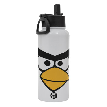 Angry birds eyes, Metal mug thermo White with Straw and Spout Lid (Stainless steel), double wall, 950ml