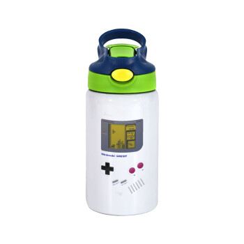 Gameboy, Children's hot water bottle, stainless steel, with safety straw, green, blue (350ml)