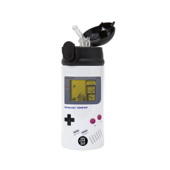 Gameboy, Children's hot water bottle, stainless steel, with safety straw, Black (360ml) BPA-FREE