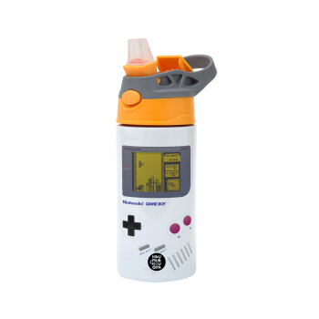 Gameboy, Children's hot water bottle, stainless steel, with safety straw, Orange/Grey (360ml) BPA-FREE