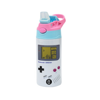 Gameboy, Children's hot water bottle, stainless steel, with safety straw, Pink/BlueCiel (360ml) BPA FREE