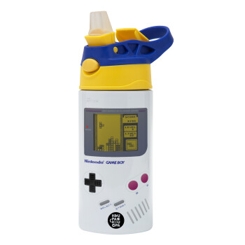 Gameboy, Children's hot water bottle, stainless steel, with safety straw, green, blue (360ml) BPA FREE