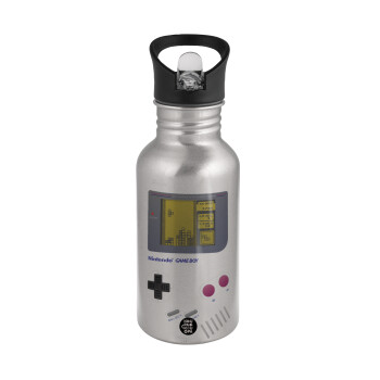 Gameboy, Water bottle Silver with straw, stainless steel 500ml