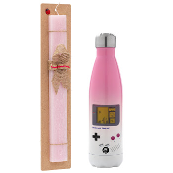 Gameboy, Easter Set, Metallic pink/white (Stainless steel) thermos, double-walled, 500ml & aromatic flat Easter candle (30cm) (PINK)