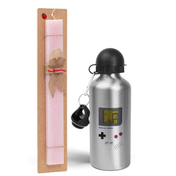 Gameboy, Easter Set, metallic Silver aluminum water bottle (500ml) & scented flat Easter candle (30cm) (PINK)