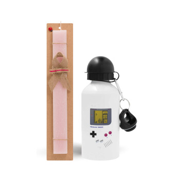 Gameboy, Πασχαλινό Σετ, παγούρι μεταλλικό αλουμινίου (500ml) & πασχαλινή λαμπάδα αρωματική πλακέ (30cm) (ΡΟΖ)