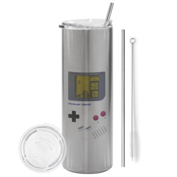 Gameboy, Eco friendly stainless steel Silver tumbler 600ml, with metal straw & cleaning brush