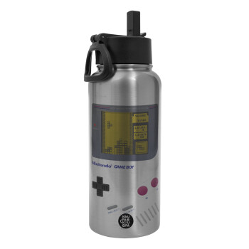 Gameboy, Metal mug thermo Silver with Straw and Spout Lid (Stainless steel), double wall, 950ml