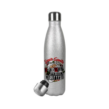 Dear Santa, sorry for all the F-bombs, Metallic Glitter Silver Thermos Flask (Stainless steel), double-walled, 500ml