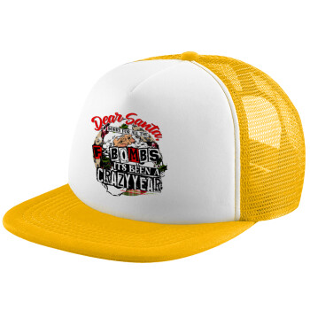 Dear Santa, sorry for all the F-bombs, Adult Soft Trucker Hat with Yellow/White Mesh (POLYESTER, ADULT, UNISEX, ONE SIZE)