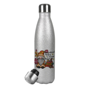 Gingerbread Wishes, Metallic Glitter Silver Thermos Flask (Stainless steel), double-walled, 500ml