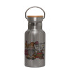 Stainless steel metallic thermos flask, silver with a bamboo lid, double-walled, 350ml.