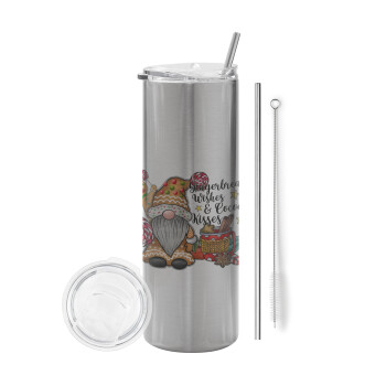 Gingerbread Wishes, Eco friendly stainless steel Silver tumbler 600ml, with metal straw & cleaning brush