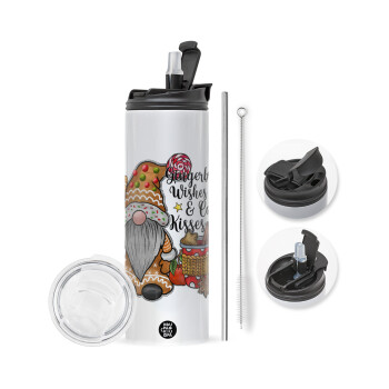 Gingerbread Wishes, Travel Tumbler 2 Lids, with metal straw & cleaning brush (Stainless steel 304 Food grade, BPA free, 600ml)