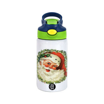 Santa Claus, Children's hot water bottle, stainless steel, with safety straw, green, blue (350ml)