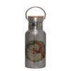 Stainless steel metallic thermos flask, silver with a bamboo lid, double-walled, 350ml.