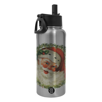 Santa Claus, Metal mug thermo Silver with Straw and Spout Lid (Stainless steel), double wall, 950ml