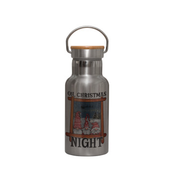 Oh Christmas Night, Stainless steel metallic thermos flask, silver with a bamboo lid, double-walled, 350ml.