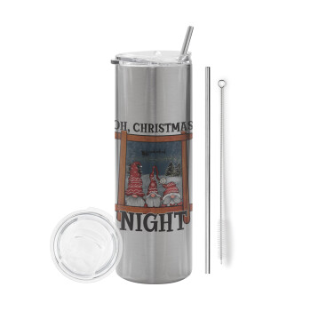 Oh Christmas Night, Eco friendly stainless steel Silver tumbler 600ml, with metal straw & cleaning brush