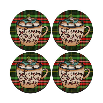 Hot Cocoa And Christmas Movies, SET of 4 round wooden coasters (9cm)