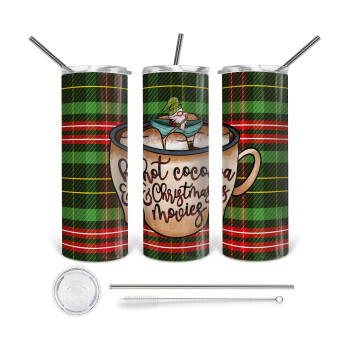 Hot Cocoa And Christmas Movies, 360 Eco friendly stainless steel tumbler 600ml, with metal straw & cleaning brush