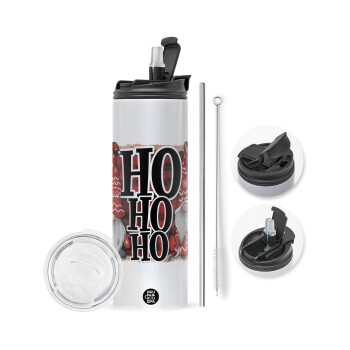 Ho ho ho, Travel Tumbler θερμό με διπλό καπάκι, μεταλλικό καλαμάκι και βούρτσα καθαρισμού (Ανωξείδωτο 304 Food grade, BPA free, 600ml)