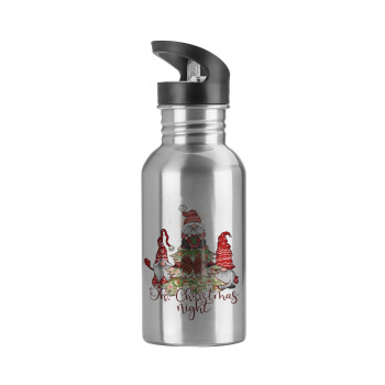 Oh Christmas Night, Water bottle Silver with straw, stainless steel 600ml