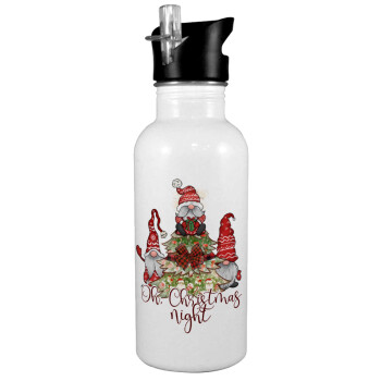 Oh Christmas Night, White water bottle with straw, stainless steel 600ml
