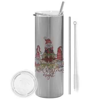 Oh Christmas Night, Eco friendly stainless steel Silver tumbler 600ml, with metal straw & cleaning brush