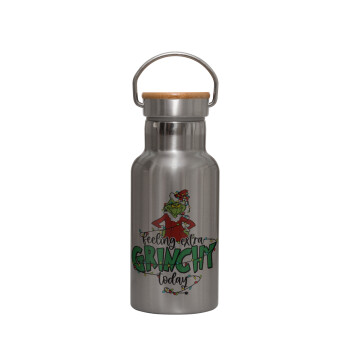 Grinch Feeling Extra Grinchy Today, Stainless steel metallic thermos flask, silver with a bamboo lid, double-walled, 350ml.