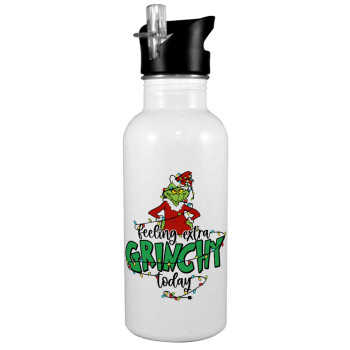 Grinch Feeling Extra Grinchy Today, White water bottle with straw, stainless steel 600ml