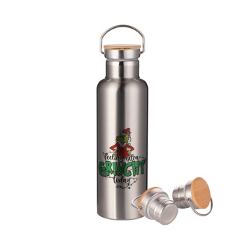Grinch Feeling Extra Grinchy Today, Stainless steel Silver with wooden lid (bamboo), double wall, 750ml