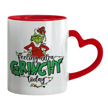 Grinch Feeling Extra Grinchy Today, Κούπα καρδιά χερούλι κόκκινη, κεραμική, 330ml