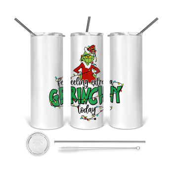 Grinch Feeling Extra Grinchy Today, 360 Eco friendly ποτήρι θερμό (tumbler) από ανοξείδωτο ατσάλι 600ml, με μεταλλικό καλαμάκι & βούρτσα καθαρισμού