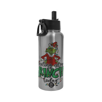 Grinch Feeling Extra Grinchy Today, Metal mug thermo Silver with Straw and Spout Lid (Stainless steel), double wall, 950ml