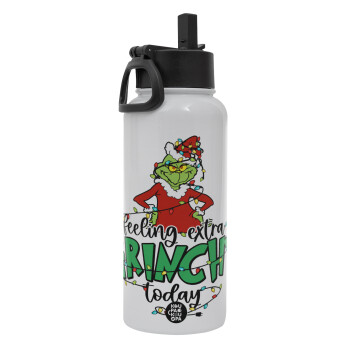 Grinch Feeling Extra Grinchy Today, Metal mug thermo White with Straw and Spout Lid (Stainless steel), double wall, 950ml