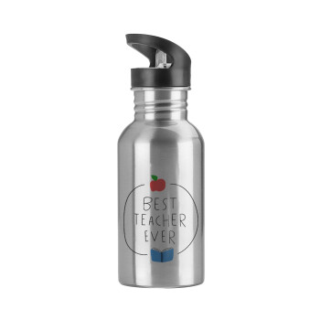 Best teacher ever, Water bottle Silver with straw, stainless steel 600ml