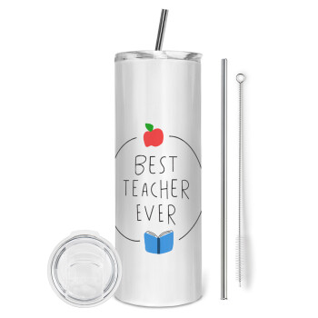 Best teacher ever, Eco friendly ποτήρι θερμό (tumbler) από ανοξείδωτο ατσάλι 600ml, με μεταλλικό καλαμάκι & βούρτσα καθαρισμού