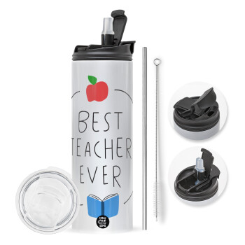 Best teacher ever, Travel Tumbler θερμό με διπλό καπάκι, μεταλλικό καλαμάκι και βούρτσα καθαρισμού (Ανωξείδωτο 304 Food grade, BPA free, 600ml)