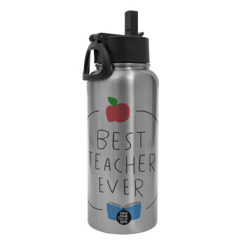 Best teacher ever, Metal mug thermo Silver with Straw and Spout Lid (Stainless steel), double wall, 950ml