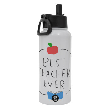 Best teacher ever, Metal mug thermo White with Straw and Spout Lid (Stainless steel), double wall, 950ml