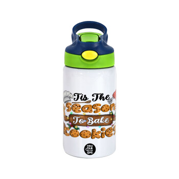 Tis The Season To Bake Cookies, Children's hot water bottle, stainless steel, with safety straw, green, blue (350ml)