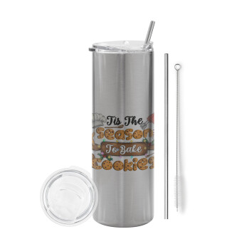 Tis The Season To Bake Cookies, Eco friendly stainless steel Silver tumbler 600ml, with metal straw & cleaning brush