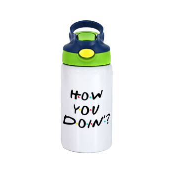 Friends How You Doin'?, Children's hot water bottle, stainless steel, with safety straw, green, blue (350ml)