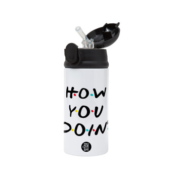 Friends How You Doin'?, Children's hot water bottle, stainless steel, with safety straw, Black (360ml) BPA-FREE