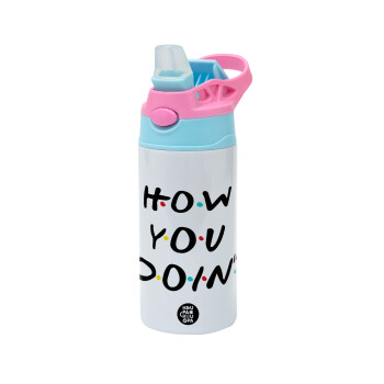 Friends How You Doin'?, Children's hot water bottle, stainless steel, with safety straw, Pink/BlueCiel (360ml) BPA FREE